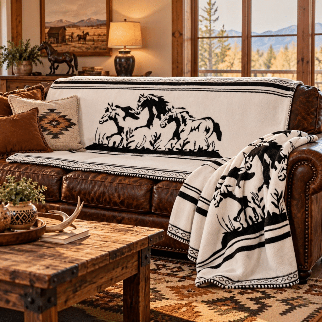 Three Horse Crossing reversible Western blanket featuring three black running horses against a white background with classic black stripes. Thick, super soft, high-quality fabric. Measures 72 x 60 inches.