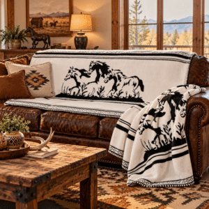 Three Horse Crossing reversible Western blanket featuring three black running horses against a white background with classic black stripes. Thick, super soft, high-quality fabric. Measures 72 x 60 inches.