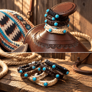 The Black Desert Bead Horsehair Saddle Horn Jewelry features beautifully braided natural black horsehair accented with turquoise stones and smaller beads in turquoise, rust red, and warm gold tones. A turquoise leather closure and silver-tone hardware add another pop of Southwestern color. Made with genuine horsehair from Brazil that is sustainably and ethically sourced, this piece brings bold Western style and beautiful contrast to your saddle horn.