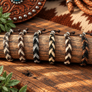 Two-tone braided horsehair bracelet collection in six natural color combinations, displayed on a rustic wood branch.