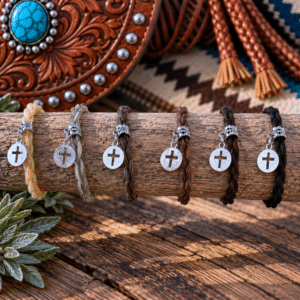 Western Grace braided horsehair bracelet collection with silver cross charms in six natural horsehair colors.