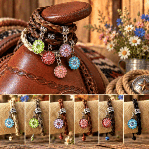 Wildflower real horsehair saddle horn jewelry with colorful flower charms in assorted horsehair colors.