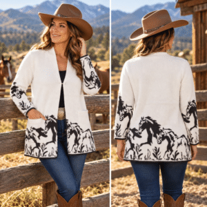 Cream and off-white Western cardigan featuring black running mustang designs along the hem and sleeves, two front pockets, and a single hook-and-eye front closure. Size Medium.